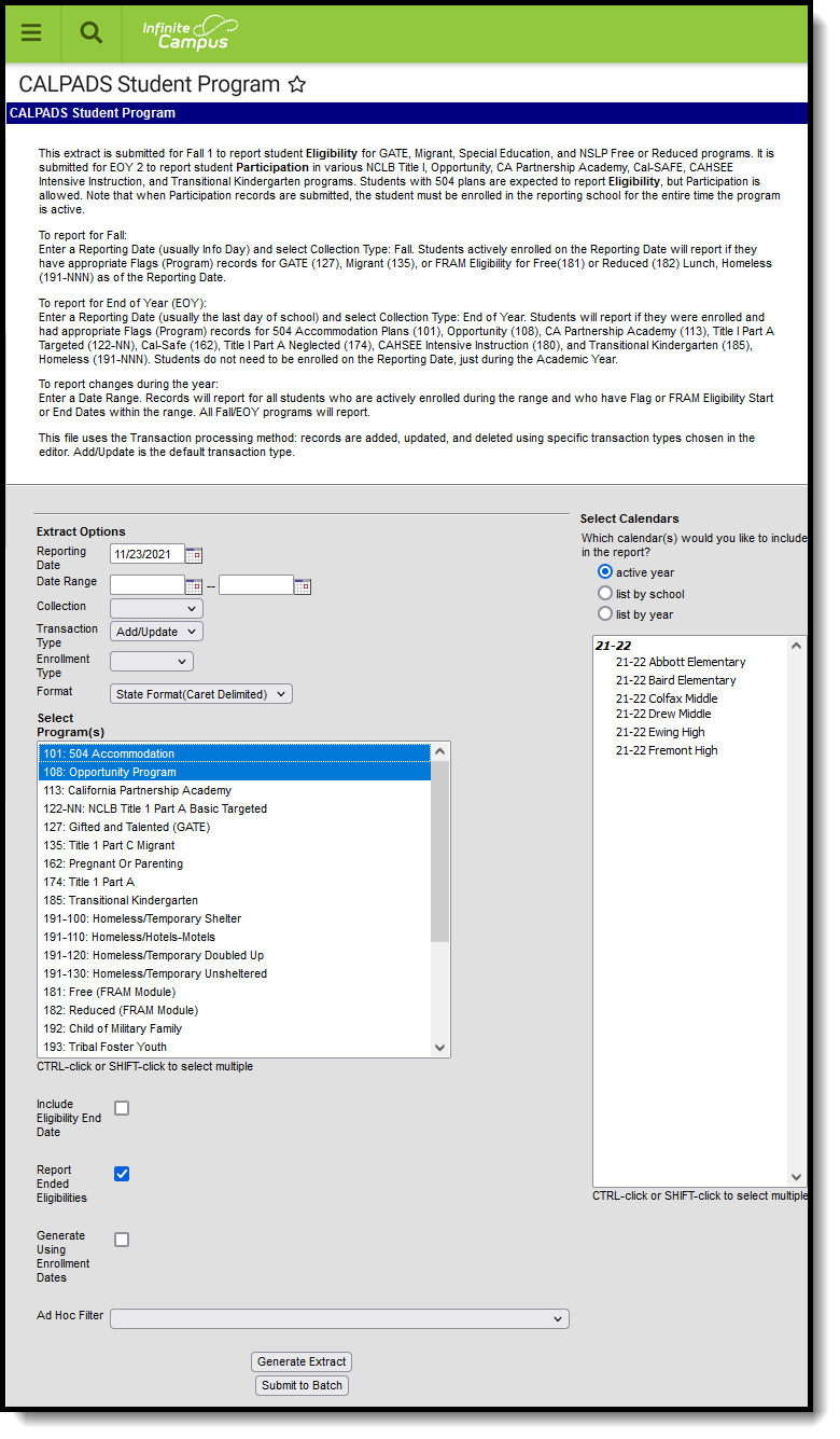Screenshot of the CALPADS student program extract editor. 