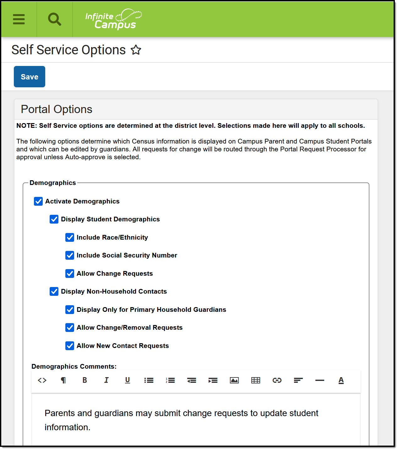 Screenshot of Portal Self Service options.
