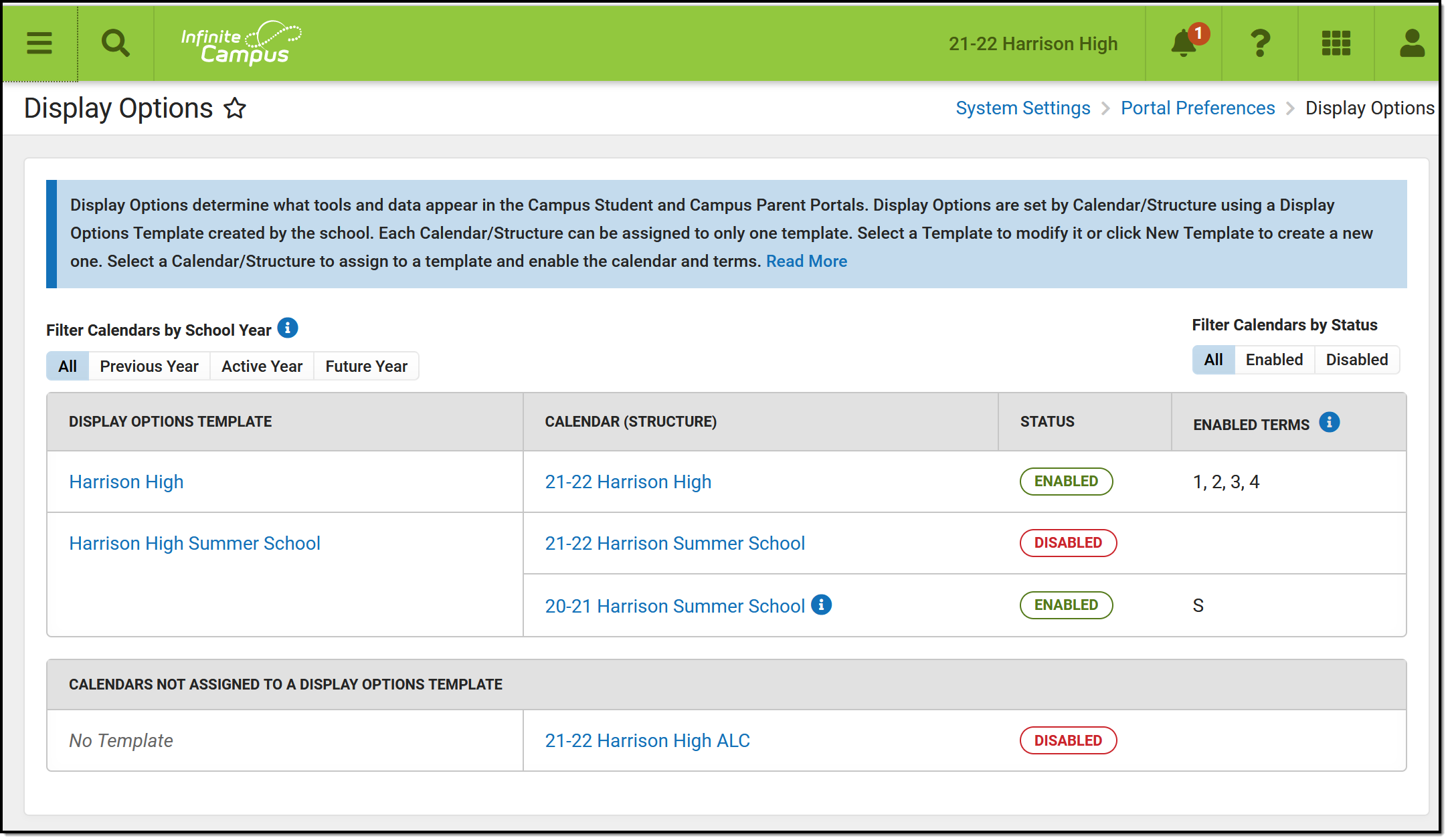 Screenshot of the portal Display Options tool. 