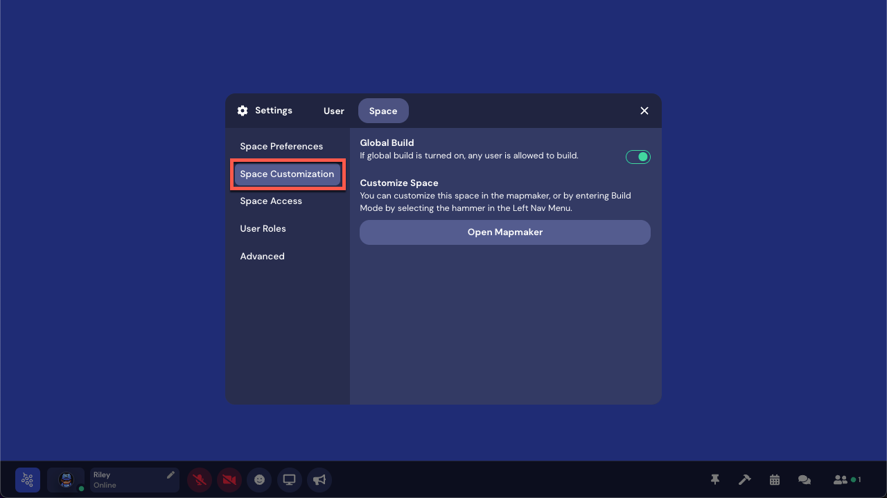 A screenshot of the Settings modal, open to the Space tab and the Space Customization section. A red arrow points to the toggle selector next to the Global Build setting.  
