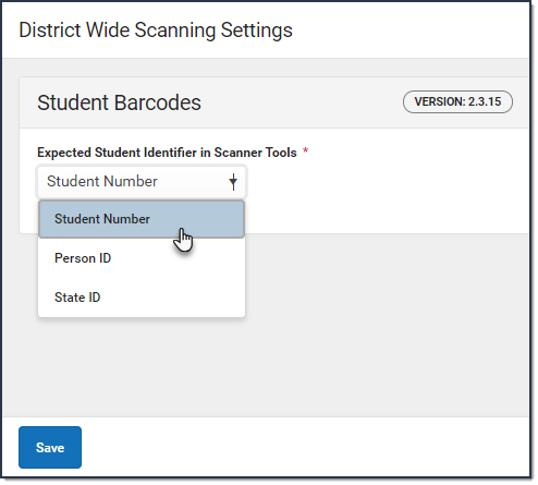 Screenshot image of district-wide scanner settings, setting which value is used for the barcode.