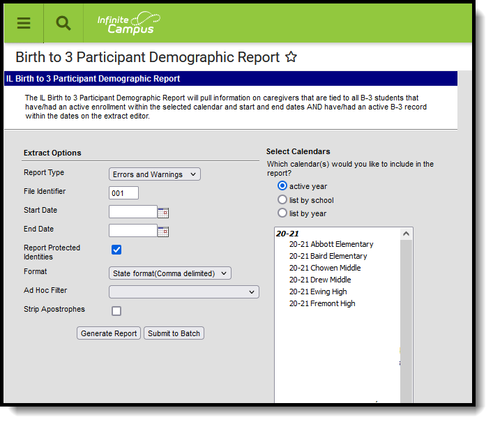 Screenshot of the Birth to 3 Participant Demographic Report editor.