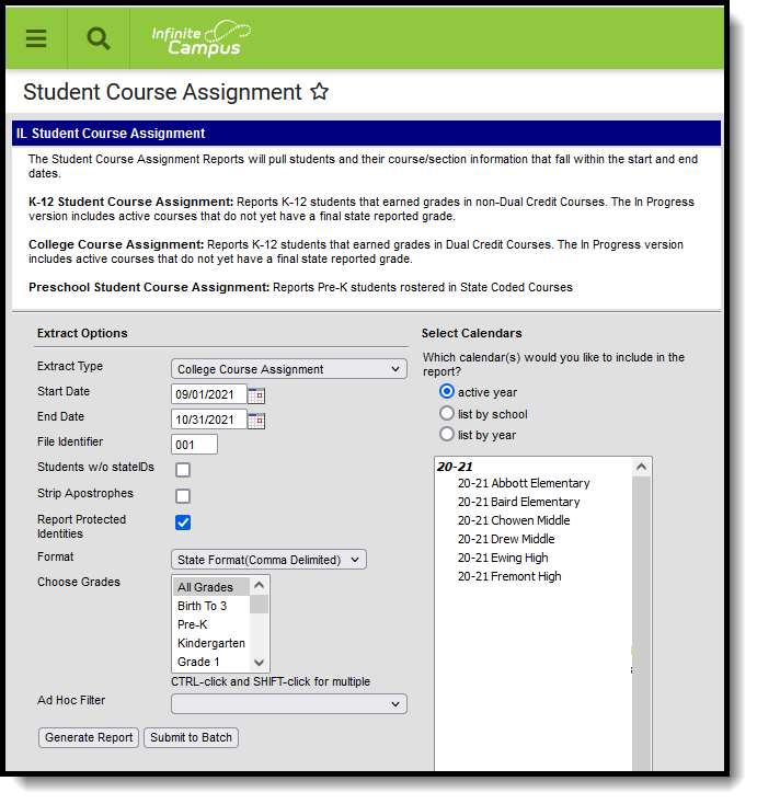 Screenshot of the College Course Assignment extract editor.  