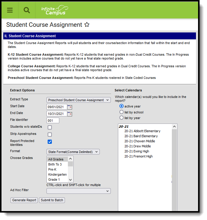 Screenshot of the Preschool Student Course Assignment extract editor.  