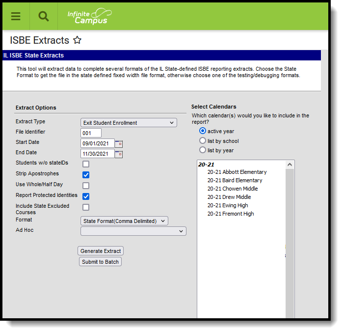 Screenshot of the ISBE Exit Student Enrollment extract editor. 