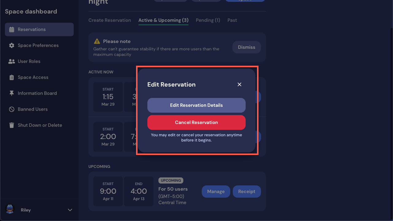 An Edit Reservation modal with two buttons: Edit Reservation Details and Cancel Reservation