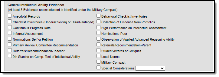 Screenshot of the General Intellectual Ability Evidence section. 