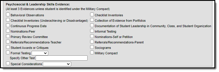 Screenshot of the Psychosocial or Leadership Abilities Evidence section. 