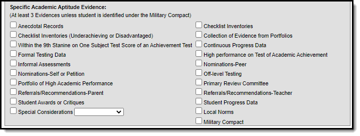Screenshot of the Specific Academic Aptitude Evidence section. 