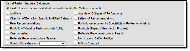 Screenshot of the Visual Performing Arts Evidence section. 