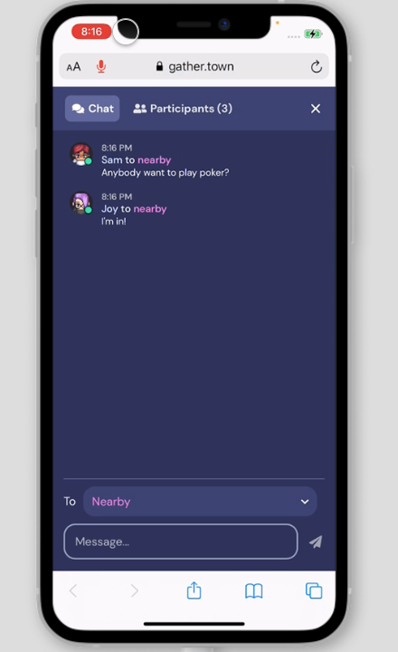 Two chat messages display in the full-screen chat window. One reads Sam to nearby, anybody want to play poker? and another message reads Riley to nearby 