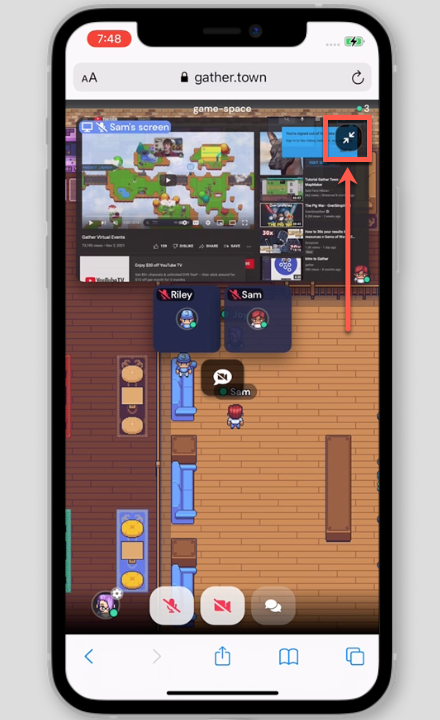 A shared screen preview shows at the top of the phone, with a red box around the collapsing arrow icon.