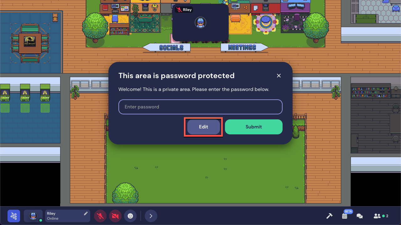 A modal displays that reads "This area is password protected" with a description "Welcome! This is a private area. Please enter the password below." If you are an Admin/Owner or Moderator, you will see an Edit and Submit button. The Edit button is outlined in red.