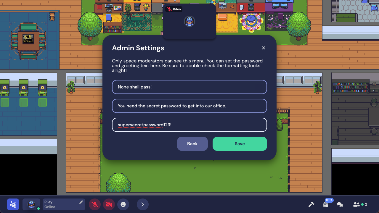 The Admin Settings modal displays. The description text reads 