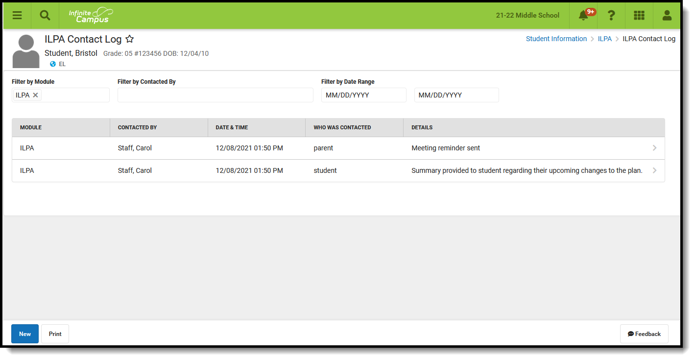 Screenshot of the ILPA Contact Log tool.