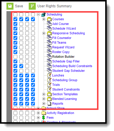 Screenshot of the Scheduling Tool Rights. 