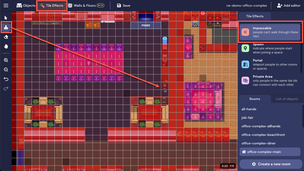 A remote work office in the Mapmaker. The Tile Effects in the Top Nav Menu is outlined in red, and the Impassable tile effect is outlined in red in the Tile Effects panel. A red arrow points from the Stamp tool in the Left Nav Menu to the cursor on the Map where a semi-transparent red tiles is being added on top of a plant. 