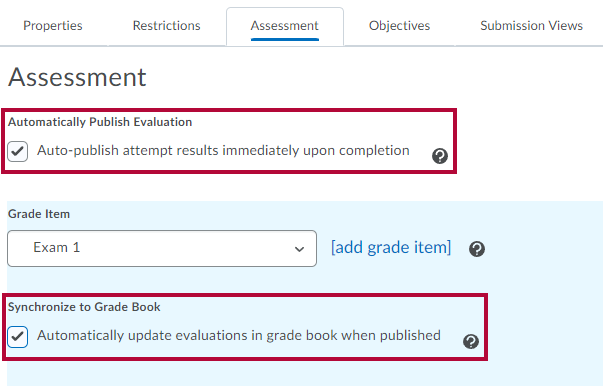 Identifies automatic grading settings of Assessment tab in Edit Quiz menu.