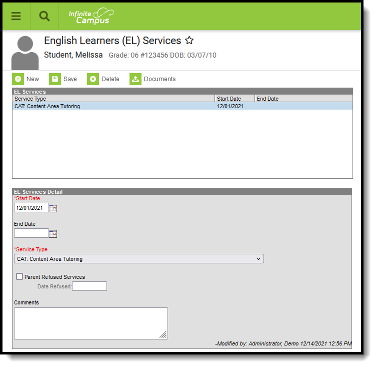 Screenshot of the EL Services tool. 