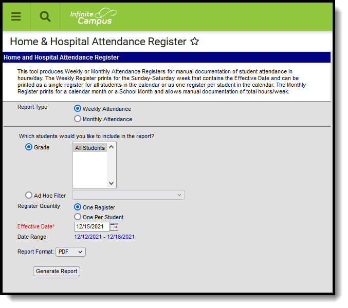 Screenshot of the Home and Hospital Attendance Register tool.