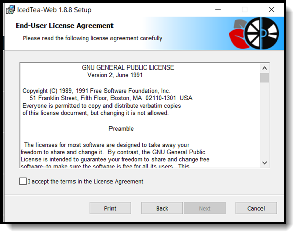 Screenshot of the License Agreement. 