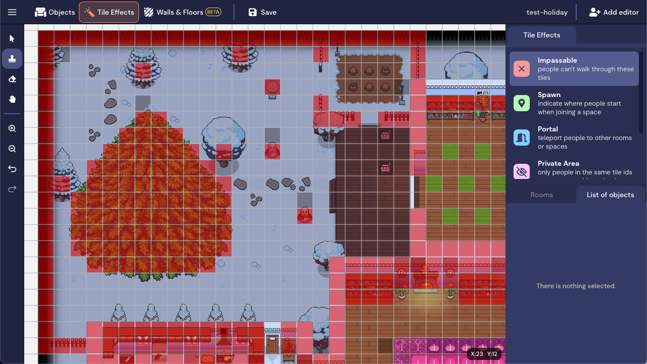 The Holiday Gathering map in the Mapmaker with a giant tree covered in red transparent impasssable tiles.
