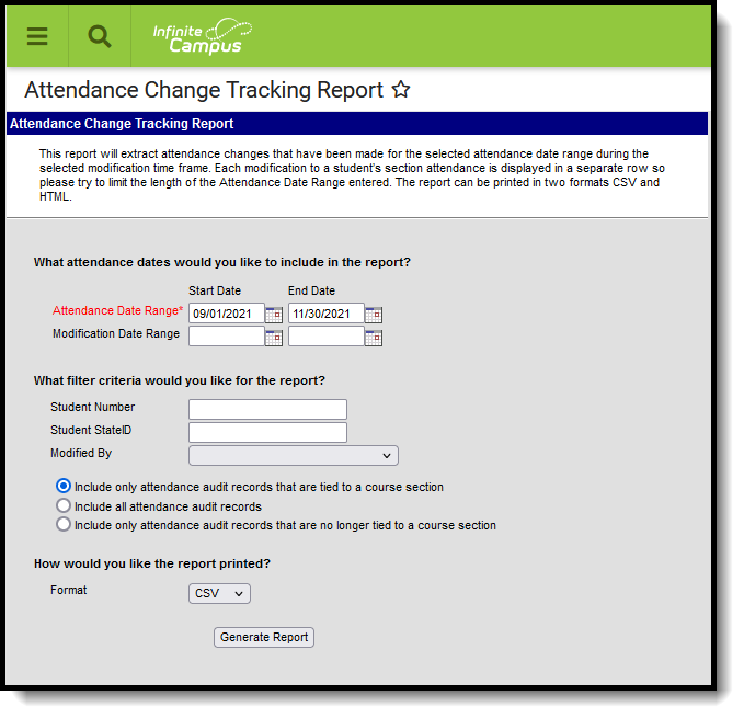 Screenshot of Attendance Change Tracking Report tool.