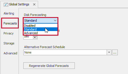 SQL Sentry Monitoring Service Settings Forecasts Disk Forecasting drop down