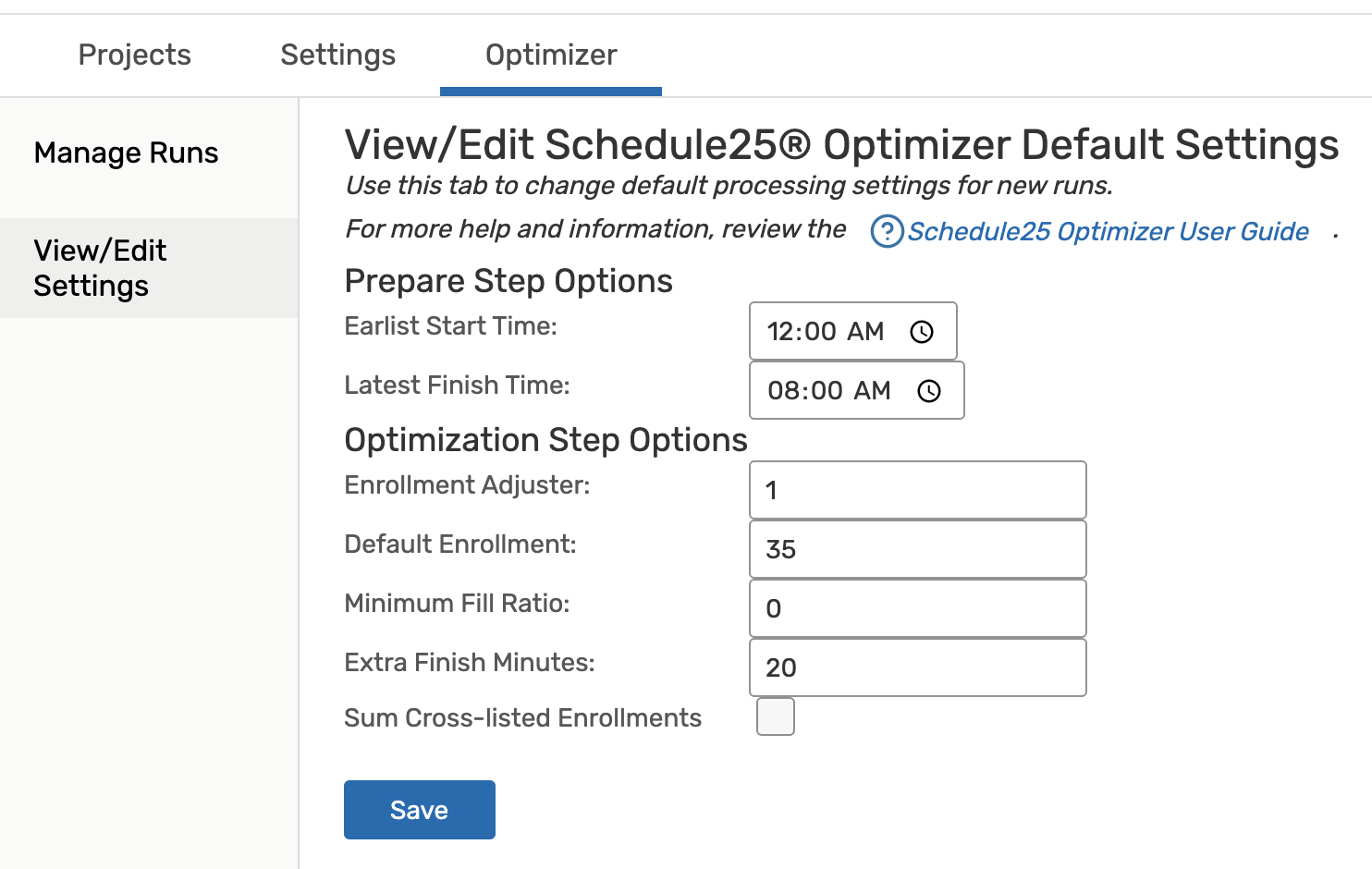 Screenshot of the Optimizer default settings described lower on the page