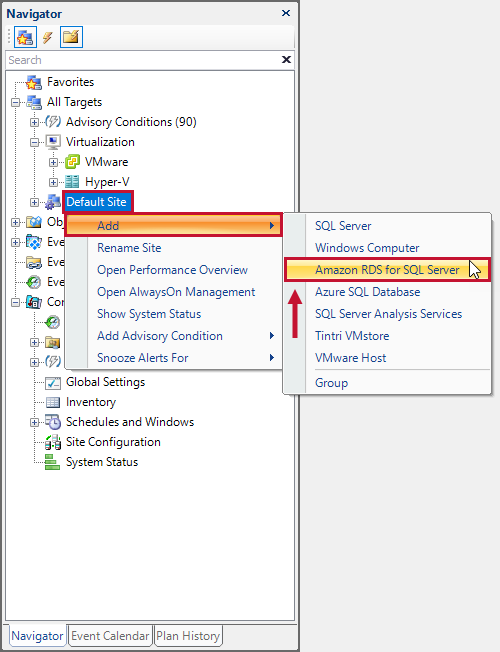 SQL Sentry Navigator Add Amazon RDS for SQL Server