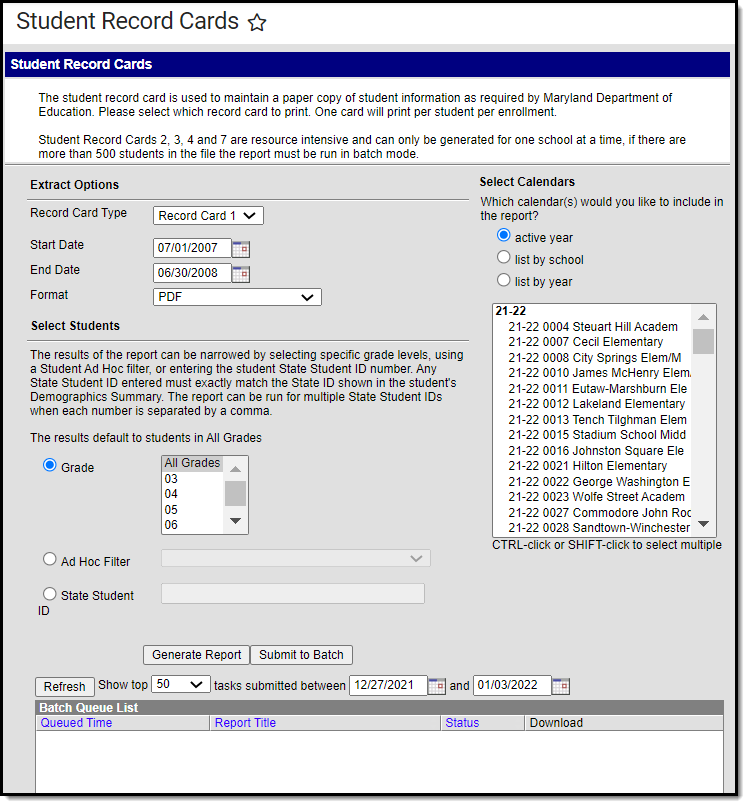 Image of the Student Record Card 1 Editor.