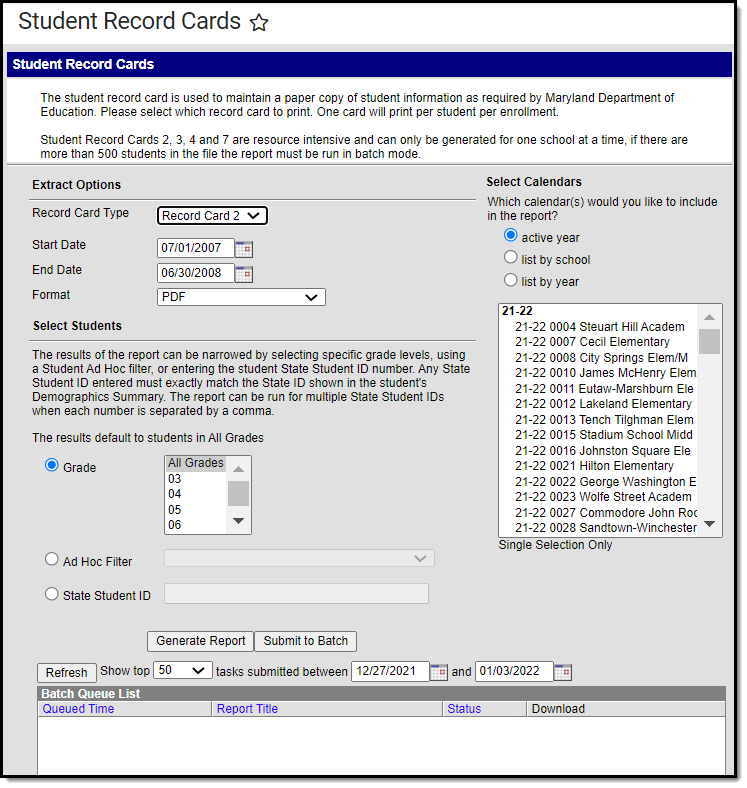 Image of the Student Record Card 2 Editor.