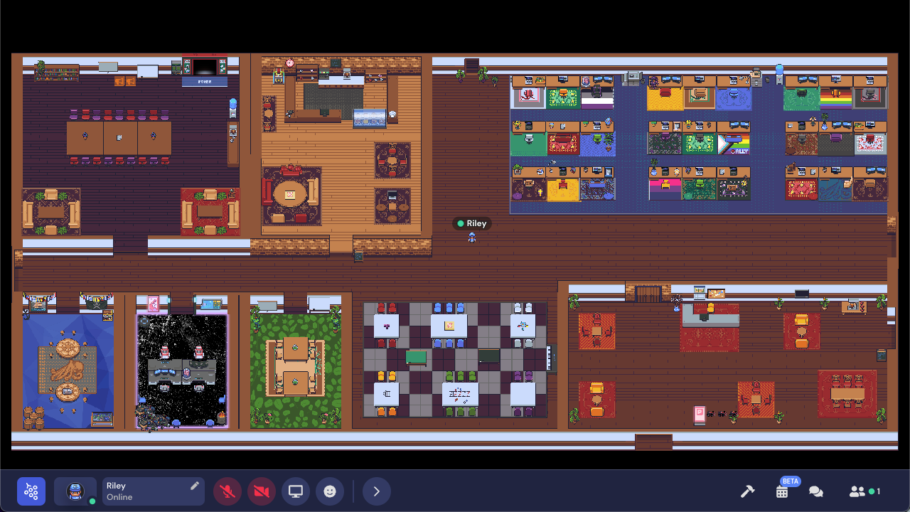 A zoomed out screenshot of the fancy office complex, which shows all rooms on the map. In the top right quarter of the map, desks have brightly colored rugs and accessories, and in the bottom left quarter, conference room decor hints at customization.