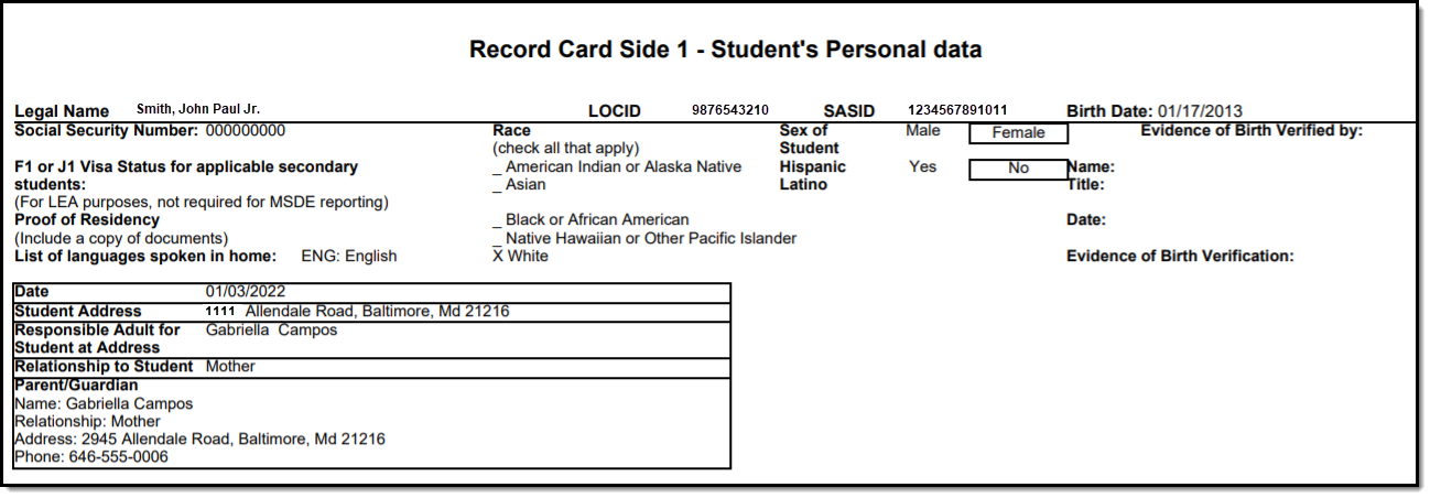 Image of the Student Record Card 1 Side 1.