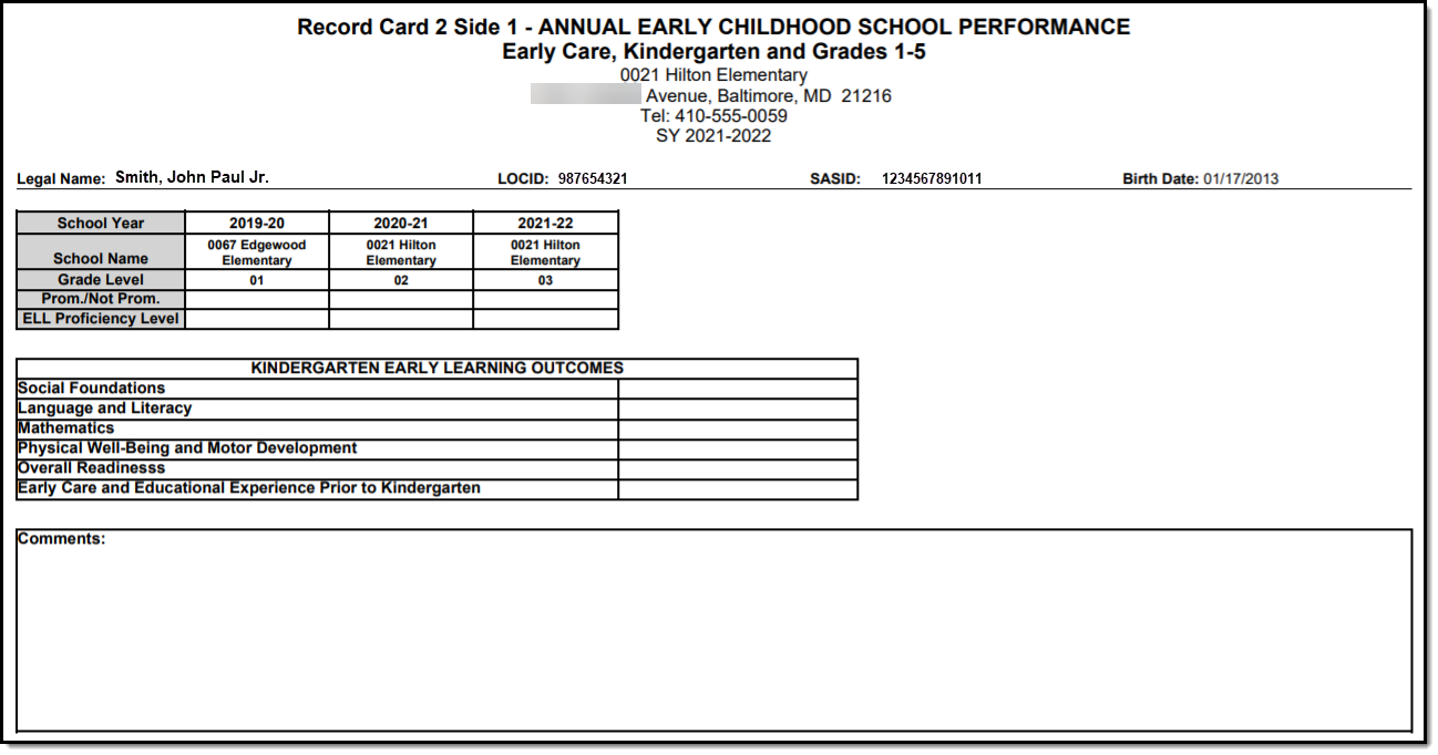 Image of the Student Record Card 2 Side 1.