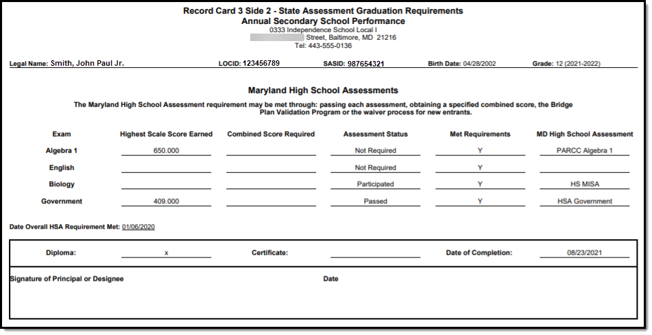 Image of the Student Record Card 3 Side 2.