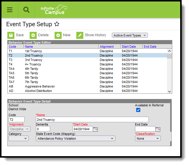 Screenshot of the Event Type Setup tool. 
