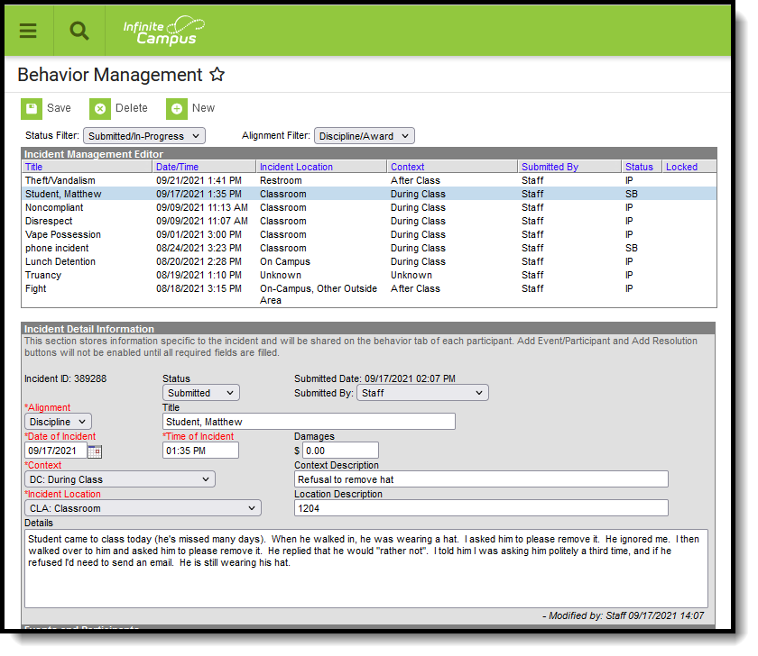 Screenshot of the Behavior Management tool with an Incident selected. 