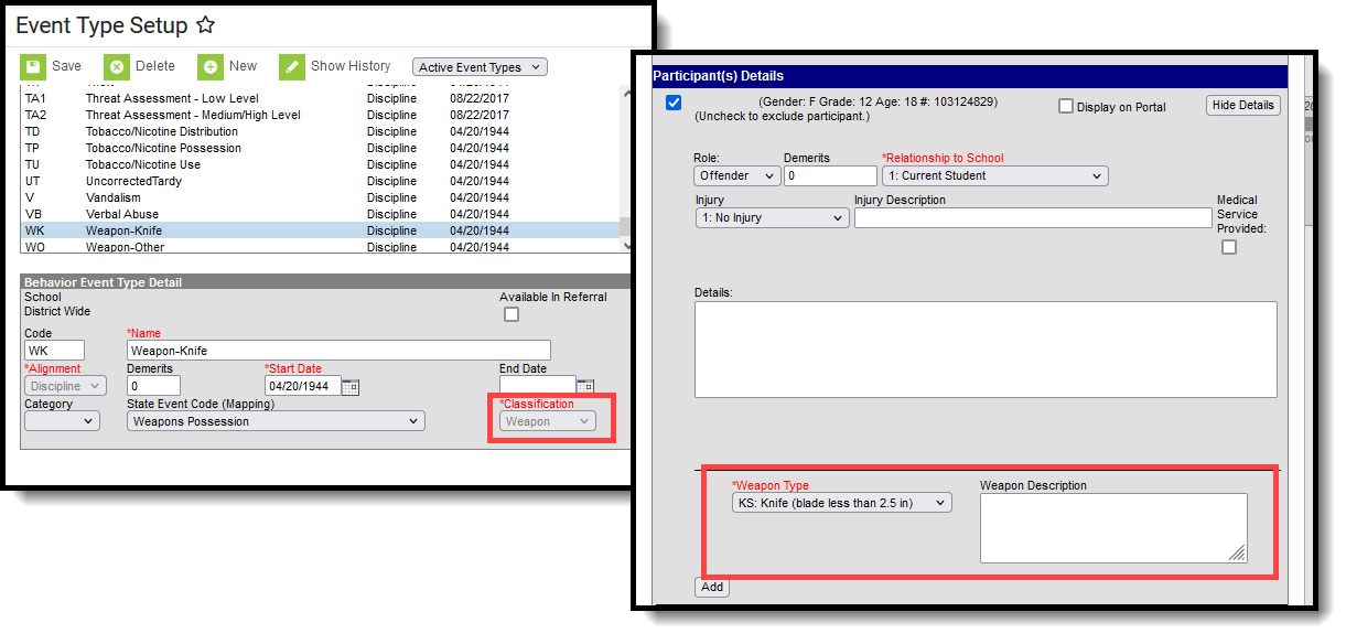Two-part screenshot highlighting the Classification field on an Event Type record and showing the selected classification in the Participant Details of a Behavior Incident. 