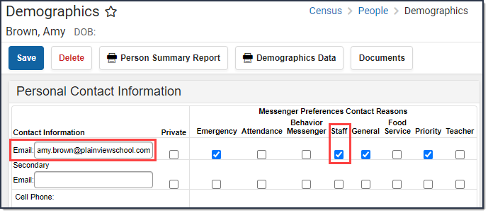 Screenshot of demographics screen with staff checkbox marked and email address entered.