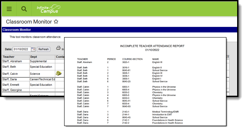 Screenshot of a Incomplete Teacher Attendance Report example.