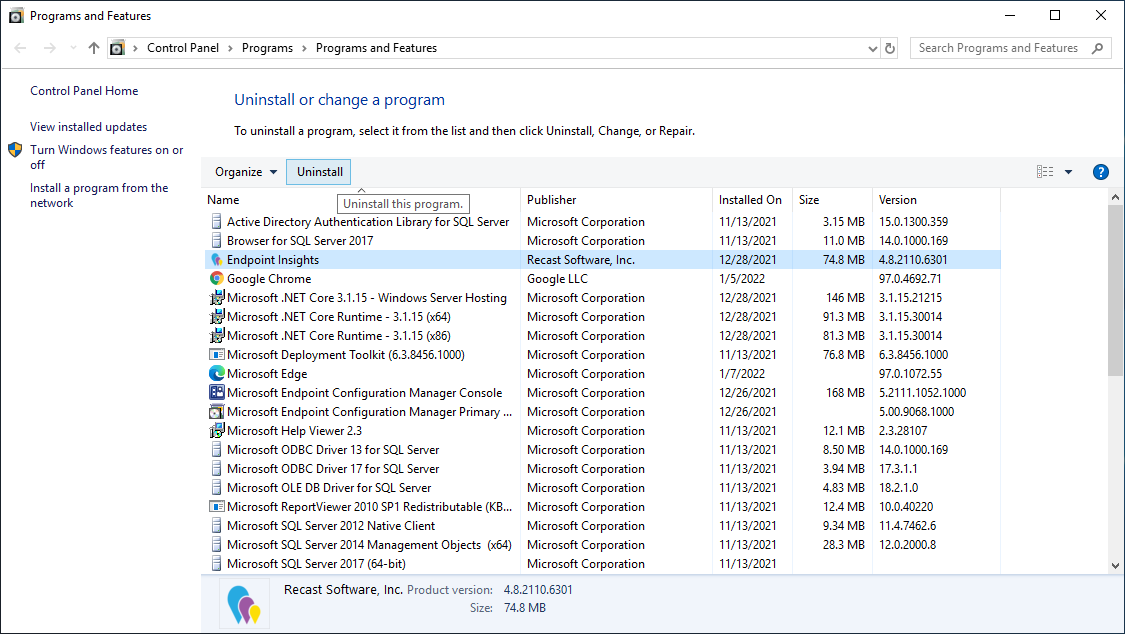 Programs and Features with Endpoint Insights and Uninstall highlighted.