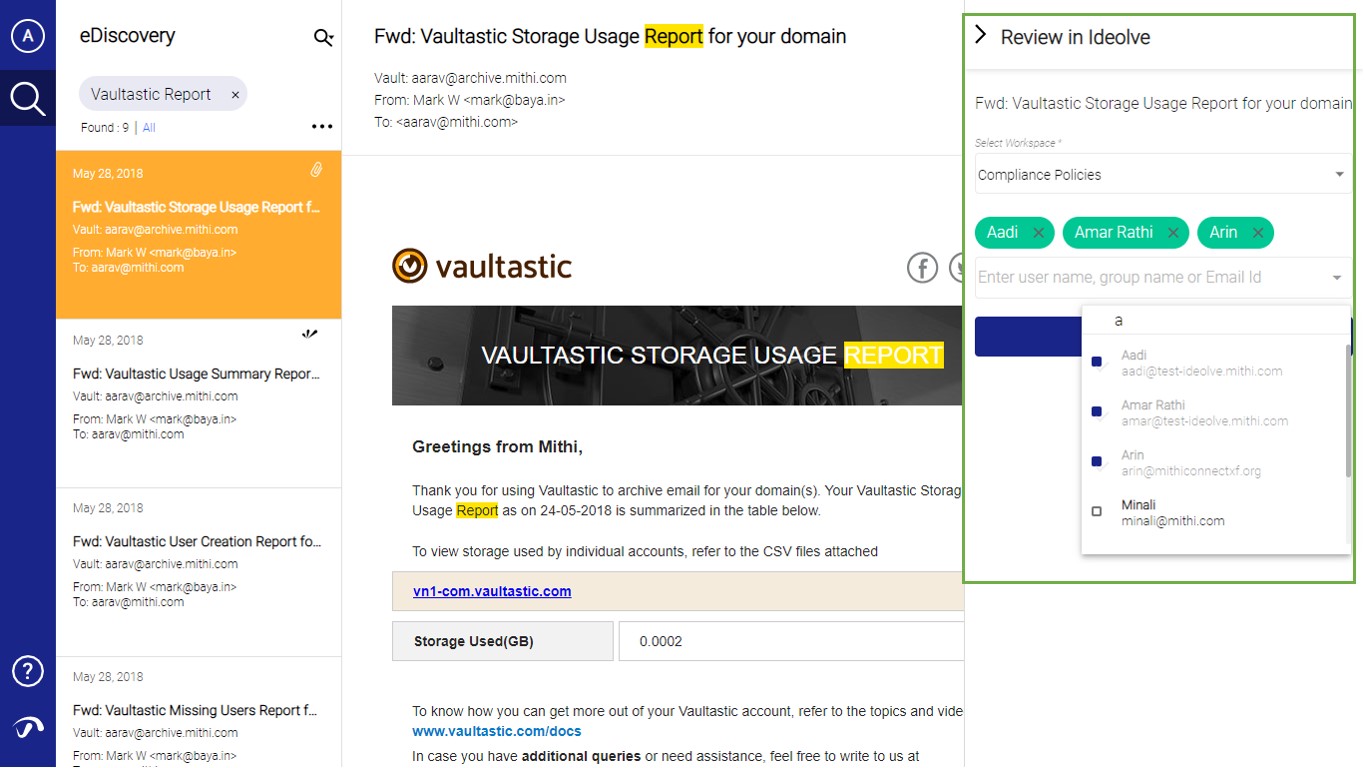 Ensure compliance with vaultastic report in Ideolve selecting appropriate workspace