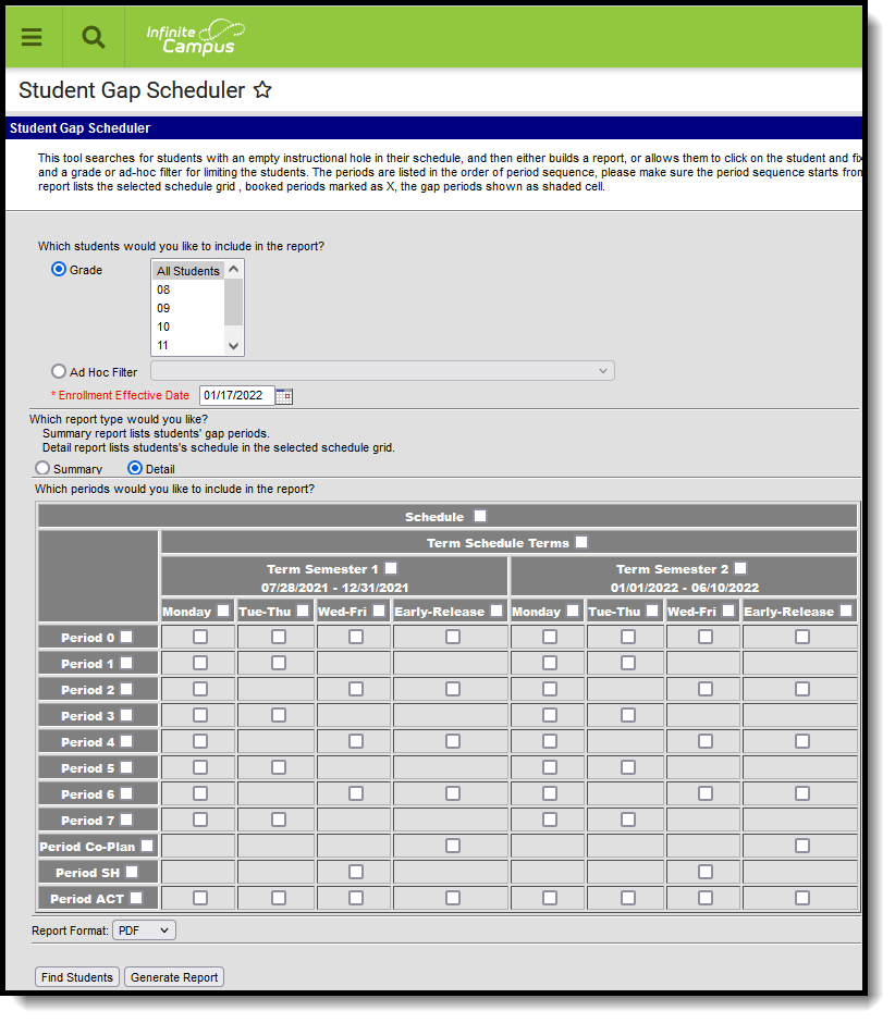Screenshot of the Student Gap Scheduler, located at Scheduiing, Load Schedules. 