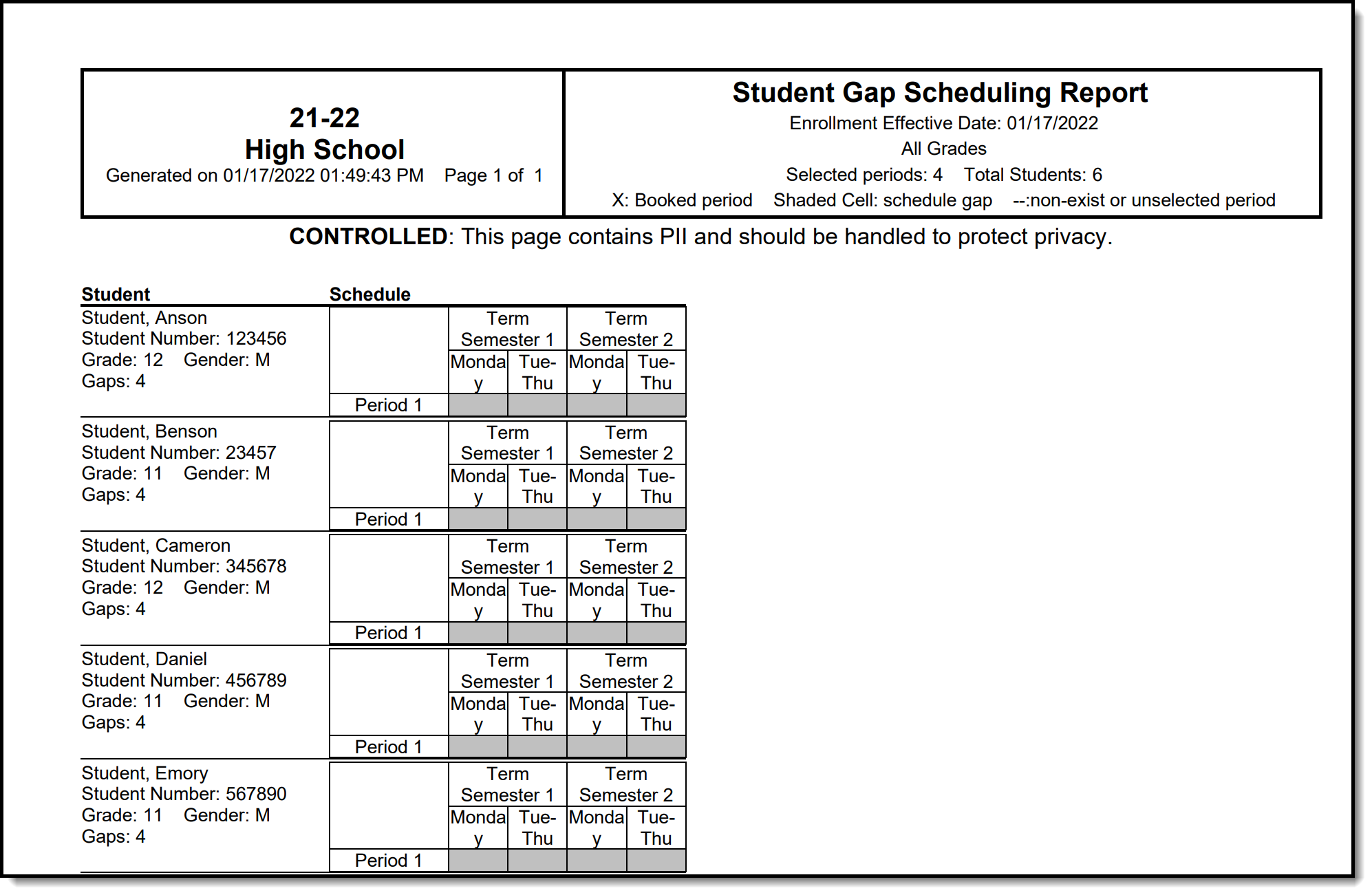 Screenshot of the Student Gap Scheduling Report in Detail Format. 