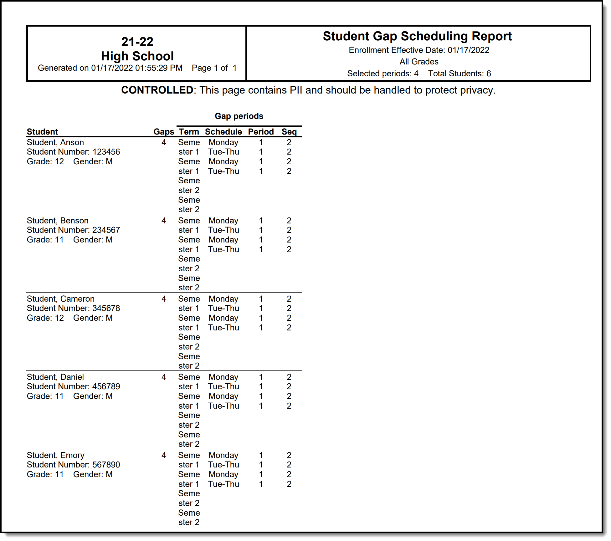 Screenshot of the Student Gap Scheduling Report in Summary Format