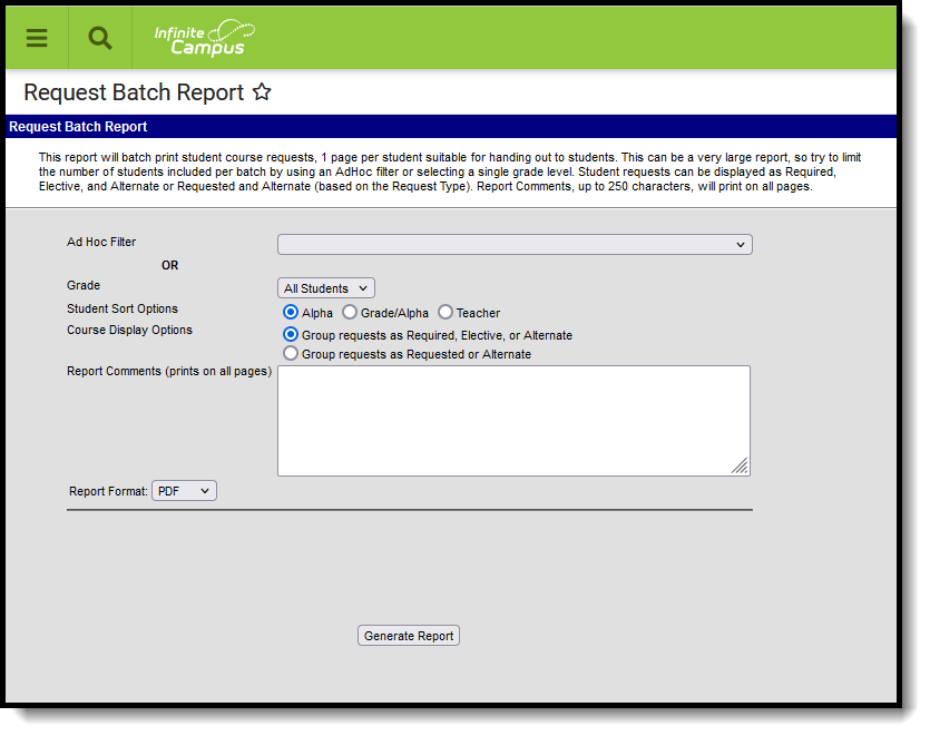 Screenshot of the Request Batch Report editor.