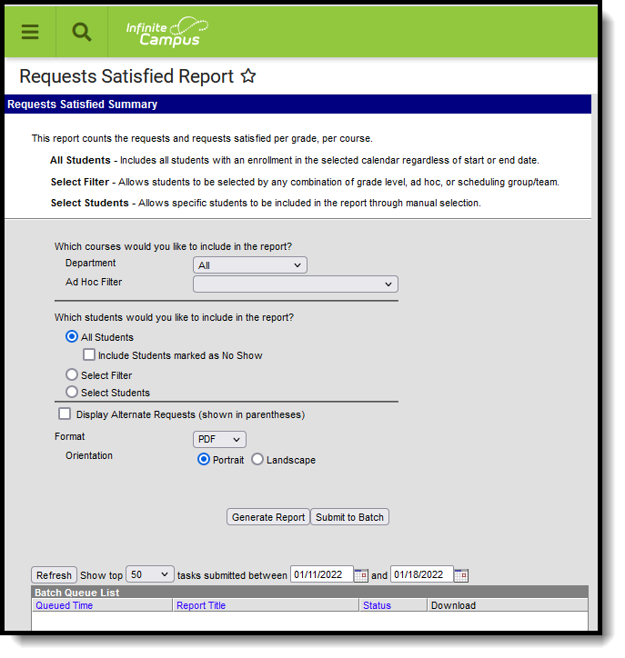 Screenshot of the Requests Satisfied Report editor.
