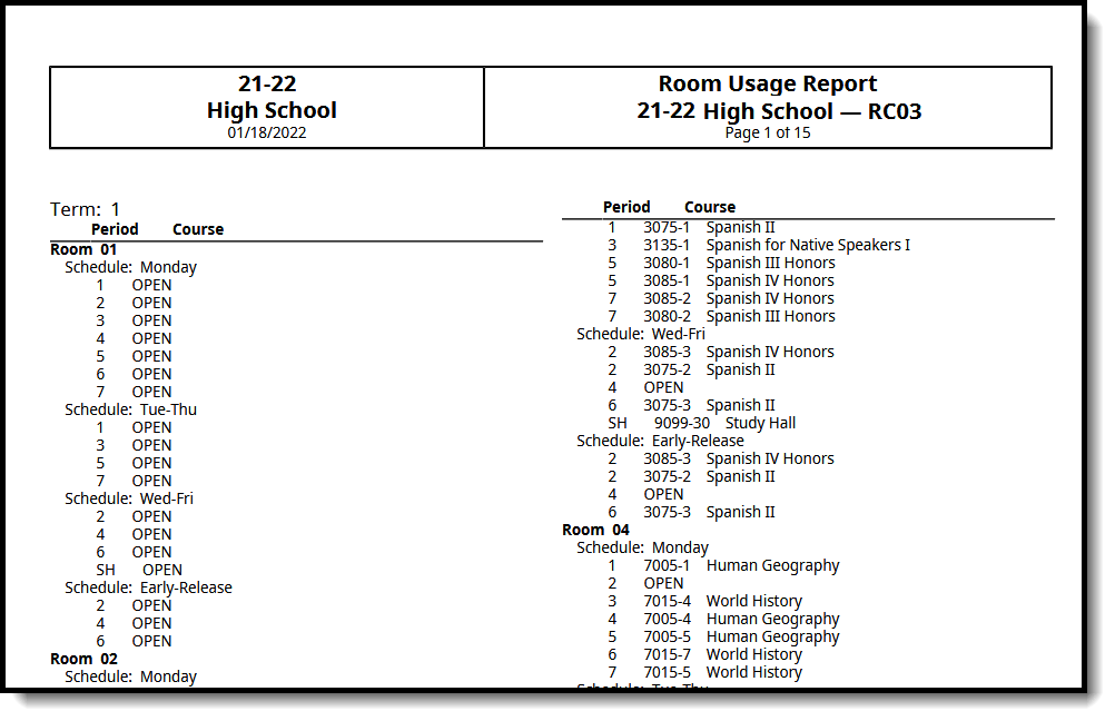 Screenshot of Room Usage Report - PDF Format