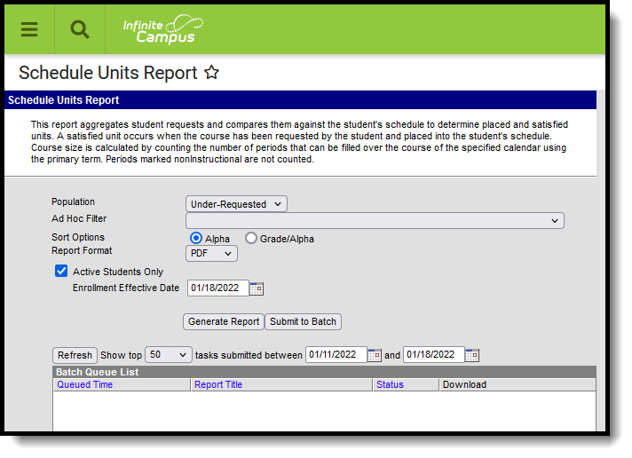 Screenshot of the Schedule Units Report, located at Scheduling & Courses, Reports. 